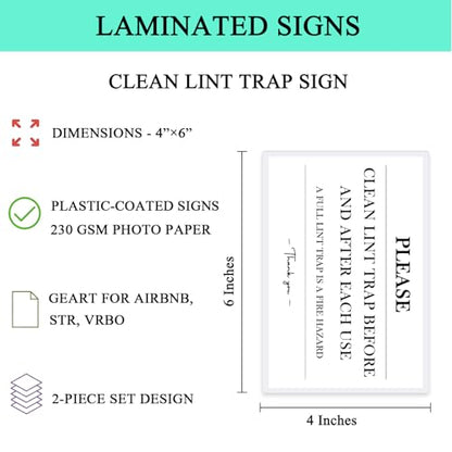 Magnetic Lint Trap Sign - 2 Pack 4x6 Inch Laminated Dryer Safety Signs with Strong Magnets, Fire Hazard Warning Label for Laundry Room & Appliances - Vacation Rental Air Bnb Essentials (Magnetic Clean lint ×2) - color: Magnetic Clean lint ×2
