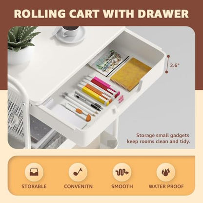 3 Tier Rolling Cart with Drawer, Metal Rolling Utility Cart on Wheels with Pegboard, Art Cart Storage Organizer with Tabletop for Living Room, Office, Bedroom (White) - color: White