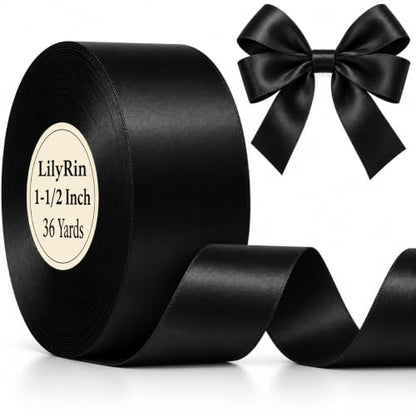 Black Satin Ribbon 1-1/2 Inch x 36 Yards for Halloween Hair Bows & Crafts - color: Black