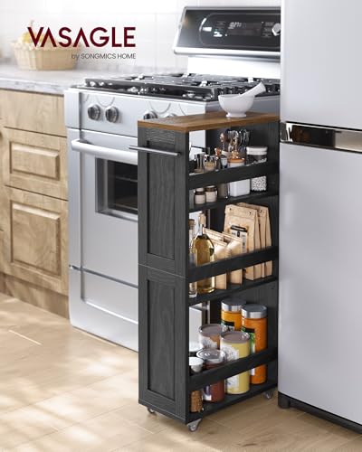 VASAGLE 4-Tier Slide-Out Storage Cart, Slim Kitchen Cart with Wheels - color: Ebony Black + Rustic Brown, size: 7.9"D