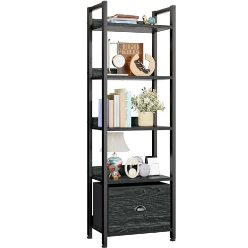 Furologee 5 Tier Bookshelf with Drawer, Tall Narrow Bookcase, Black Oak - color: Black Oak, size: 5 Tier