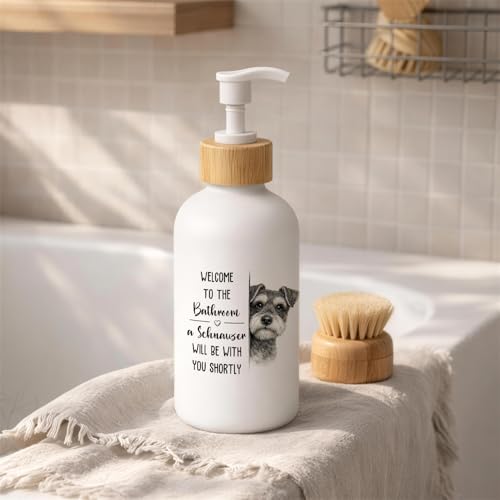 Schnauzer Dog Bathroom Soap Dispenser, Schnauzer Gifts Glass Hand Soap Dispenser with Pump, Funny Dog Refillable Handsoap Liquid Bottle for Bathroom Washroom Restroom Countertop - color: Schnauzer
