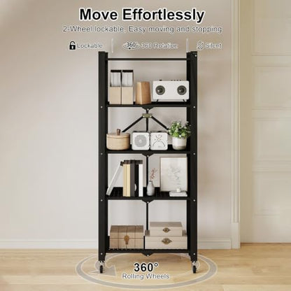 5 Tier Folding Shelf with Wheels,Metal Steel Collapsible Shelves - color: Black, size: 5 Tier
