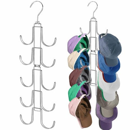 Hat Organizer for Closet: Collapsible Caps Rack with 10 Large Hooks - color: Silver
