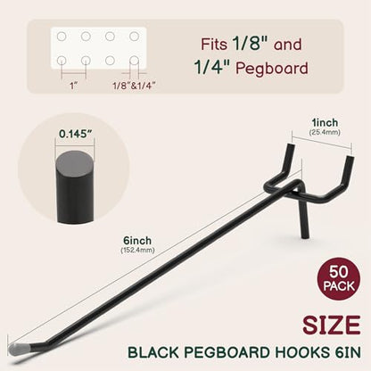 50-Pack Black Pegboard Hooks 6 Inch - Fits 1/8 and 1/4 Inch Boards - color: Black, size: 6 Inch
