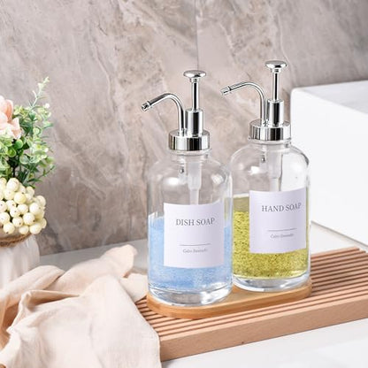 Glass Soap Dispenser with Pump, Dish and Hand Soap Dispenser for Kitchen Bathroom Set, Clear Glass Dispenser Set of 2 Pack with 18 Stickers Funnel Bamboo Tray 500ml 18oz / Each Bottle Sliver Pump - color: Glass+sliver Pump
