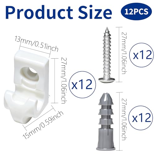 12 Pack White Down Wall Clip Closet Shelves Clips Wire Shelf Loop Clips Plastic Heavy Duty Wire Shelf Brackets Included Clips Screws and Expansion Tubes for Wire Closet Shelving