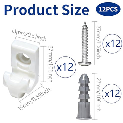 12 Pack White Down Wall Clip Closet Shelves Clips Wire Shelf Loop Clips Plastic Heavy Duty Wire Shelf Brackets Included Clips Screws and Expansion Tubes for Wire Closet Shelving