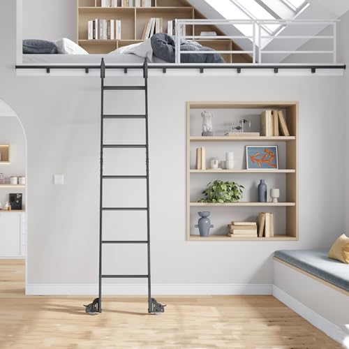 Fredbeck Rolling Library Step Ladders 96 inch Tall with 12FT Sliding Hardware Track Kit 7 Steps for Bookshelf wall Home Ladder