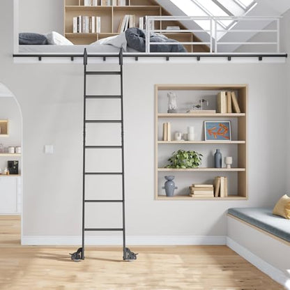 Fredbeck Rolling Library Step Ladders 96 inch Tall with 12FT Sliding Hardware Track Kit 7 Steps for Bookshelf wall Home Ladder