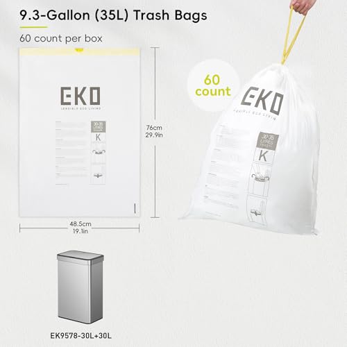 EKO 9.3 Gallon / 30–35 Liter Drawstring Trash Bags, 60 Count Heavy-Duty Tall Kitchen Garbage Can Liners, Extra-Strong Leak-Resistant, Unscented, White, Code K - size: 60 Count (Pack of 1), style: 9.3 Gallon Bags/Code K