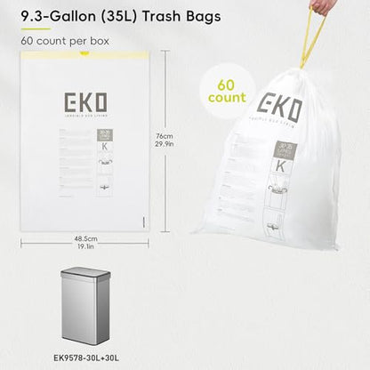 EKO 9.3 Gallon / 30–35 Liter Drawstring Trash Bags, 60 Count Heavy-Duty Tall Kitchen Garbage Can Liners, Extra-Strong Leak-Resistant, Unscented, White, Code K - size: 60 Count (Pack of 1), style: 9.3 Gallon Bags/Code K