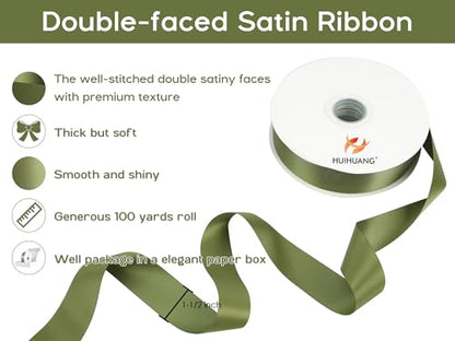 HUIHUANG Moss Green Double-Faced Satin Ribbon 1-1/2 inch x 100 Yards - color: Moss Green, size: 1-1/2 inch