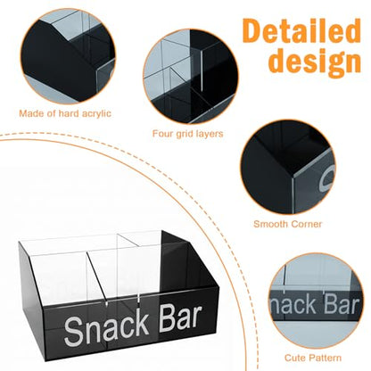 Snack Organizer for Countertop, Black & Clear Acrylic Snack Bar Organizer, 4 Compartment Snack Holder Chips Organizer, Trapezoid Snack Basket Bin for Kitchen Pantry Organizer and Storage
