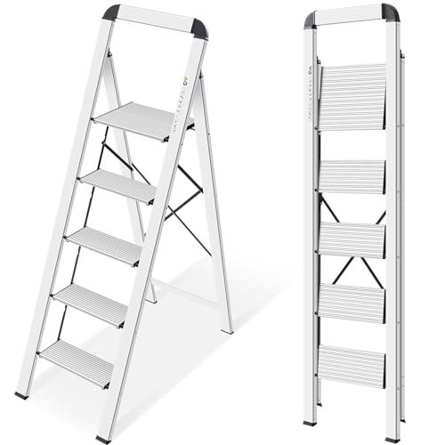 KINGRACK Aluminium 5 Step Ladder, Lightweight Step Stool with Non-Skid Pedals, Handrail, Foldable Step Ladder for Kitchen, Garage, Home, Space Saving, Sturdy and Portable, Silver - color: Silver, size: 5-step with handrail