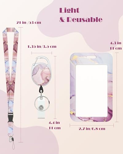Uniclife Marbling Sliding Badge Holder Pink Marble Pattern Plastic Card Holder with Retractable Badge Reel Carabiner Detachable Lanyard Vertical Card Protector for Office Worker Nurse Teacher Student - color: Pink Marble