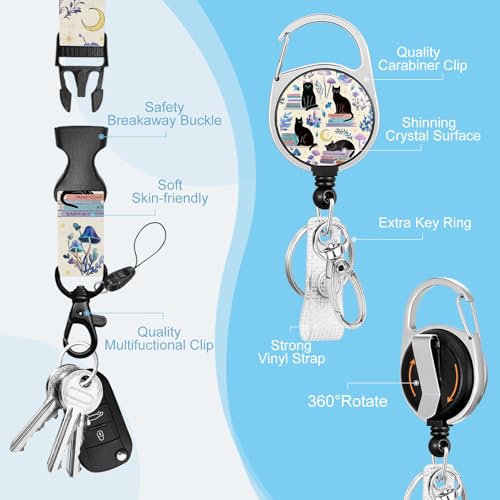 Gctriki Cat Book Lanyards for ID Badges, Badge Holder Retractable Clip - color: Black Cat Books