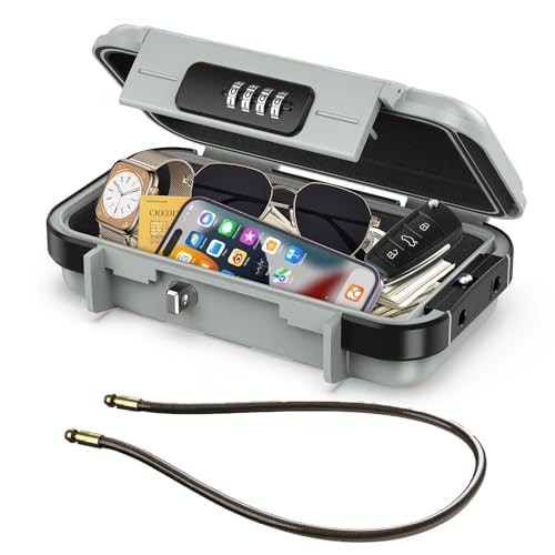 LOFICOPER Portable Safe Box, 4 Digit Combination Security Case, Waterproof Travel Lock Box, Small Beach Safe with Removable Chain, for Sports, Travel, Home, Office, Grey - color: Grey