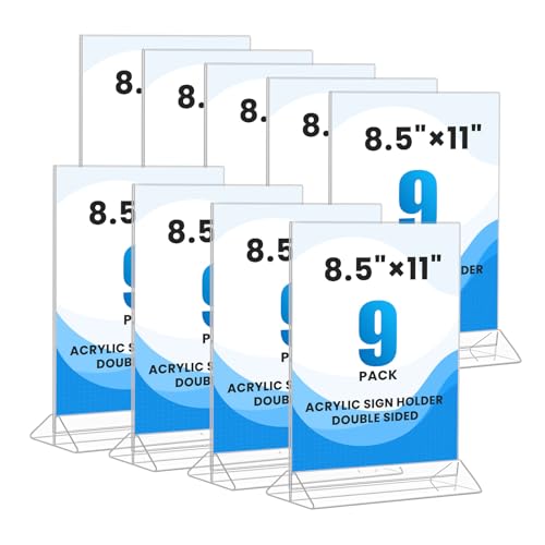 9 Pack Acrylic Sign Holder 8.5x11 Inch, Double Sided Clear Flyer Display Stand, Plastic Menu Stand, Table Top Sign Picture Paper Frames for Wedding table Number Office Store Restaurant