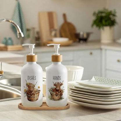 Highland Cow Farmhouse Hand and Dish Soap Dispenser Set, Highland Cow Lover Gifts Glass Soap Dispenser for Kitchen, Floral Heifer Refillable Handsoap Pump Bottle for Bathroom Countertop - color: Highland Cow Set of 2