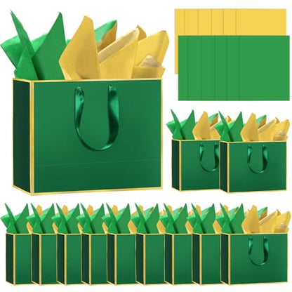 Epoesch 12 Pack Elegant Green Gift Bags with Handles & 24 Tissue Papers - color: Green Gold