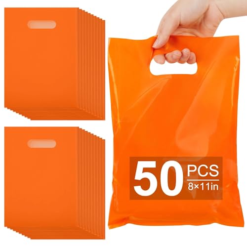 VieFantaisie 50 PCS Orange Party Favor Bags, 8" x 11" Goodie Bags for Candy Treat Craft Easter Egg, Plastic Gift Bag with Die Cut Handles for Birthday Party, School Events & Small Business, Wedding - color: Orange-50PCS-8x11Inch