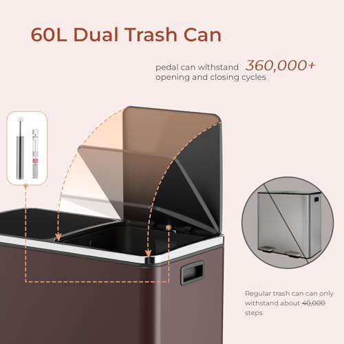 60L(16 Gal) Dual Trash Can, Stainless Steel Kitchen Garbage Can, Double Compartment Classified Rubbish Bin, Recycle Dustbin w/Plastic Inner Buckets, Handle, Soft-Close Lid, Airtight, Brown - color: Brown