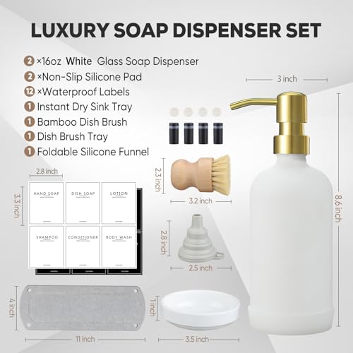 Kitchen Soap Dispenser Set with Instant Dry Tray,16 Oz Hand and Dish Soap White Glass Dispenser Set,Stainless Steel Pump,Waterproof Labels&Dish Brush,Luxury Soap Bottle for Kitchen,Bathroom - color: White Bottle+ Gold Pump
