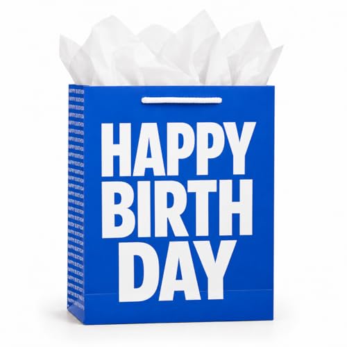 Birthday Gift Bag with Tissue Paper – Medium/Large Color Gift Bag with Handles (Pink, Blue, or Black) – Premium Paper Gift Bag for Birthday Gifts, Party Supplies, Gift Wrapping Alternative (BLUE) - color: Birthday Blue