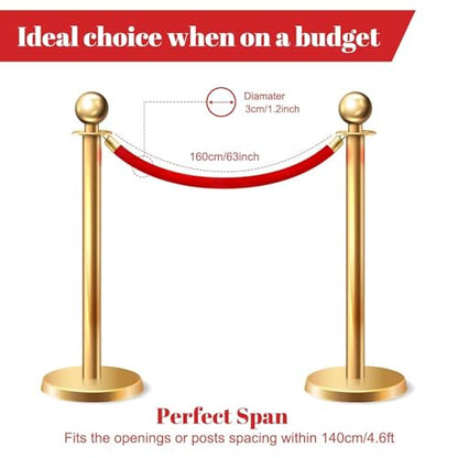 Velvet Stanchion Rope 5.25 Ft Crowd Control Barriers Safety Velvet Rope with Gold Hooks for Graduation Party, Movie Theaters Openings Hotels Carpet, Not Include Stanchion Pos(Size:12 Pack,Color:Red)