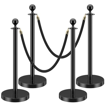 LOVMOR Stainless Steel Stanchion Post, 5 FT Black Carpet Ropes, Stanchion Post with Ball Top, Hollow Base and Velvet Ropes Safety Barriers Set for Party - color: Black-4pack