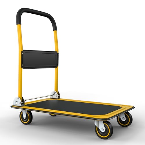 Heavy Duty Foldable Push Cart Dolly | 330 lbs. Capacity | Upgraded Collapsible Hand Truck Folding Platform with Swivel Wheels | Flat Bed Moving Wagon | Space Saving Push Handle (Yellow) - color: Yellow, 330 Lbs. Capacity
