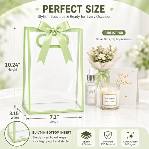 ROVIBIOBIO 12 Pack Clear Gift Bags with Handles, Sage Green - color: Sage Green
