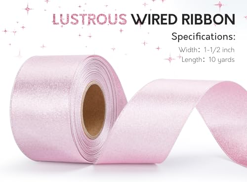 Keypan Light Pink Satin Ribbon Wired Silver Glitter 1-1/2 Inch x 10 Yards - color: Glitter Light Pink, size: 1-1/2"