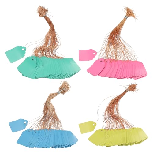 PATIKIL 400Pack Price Tags with String, 25x35mm Plastic Tags Hanging Plastic Wire Shelf Label Holder Waterproof Writable for Labeling Retail Sale Merchandise Shelf, Green Pink Yellow Blue - color: Green Pink Yellow Blue, size: 25x35mm