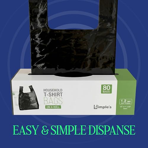 Simple's Black Plastic T-Shirt Bags with Handles – 80 Count – 12"x7"x22" – 1.2 Mil – Grocery & Retail - color: Black, size: 1 Pack = 80 Bags