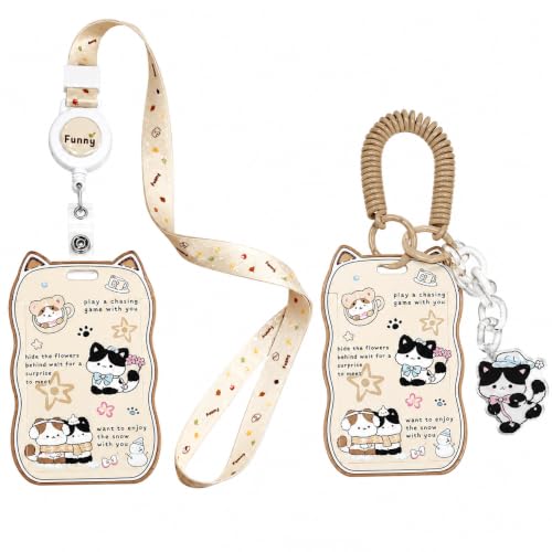 AZY Oat Beige Cat Ear Photocard Holder Set, ID Badge Holder with Lanyard - color: Brown