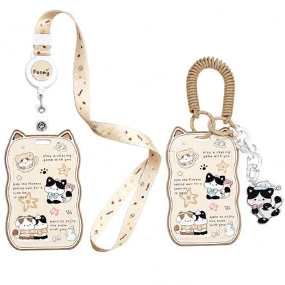 AZY Oat Beige Cat Ear Photocard Holder Set, ID Badge Holder with Lanyard - color: Brown
