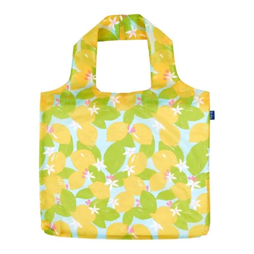 rockflowerpaper Reusable Grocery Bags - Washable, Foldable, Packable Tote, Large Handles, Heavy Duty, Zippered Top Pouch - color: Lemon Blossoms