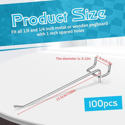 100 Pack 6 Inch Pegboard Hooks, Metal Shelving Hooks Organizer, L-Shape Design, Rust Resistant, for Garage Tools Storage