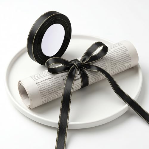 Satin Ribbon with Gold Edge, Double Faced Satin Gold Border Fabric Ribbons