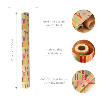 LaRibbons Birthday Wrapping Paper Mini Roll, Kraft Happy Birthday Text - color: Kraft Birthday, size: 17 Inch X 16 Feet