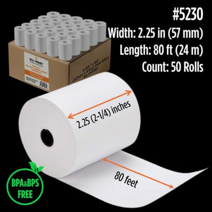 DU-MOST 5230 Thermal Receipt Paper Rolls, 2-1/4" x 80 ft, 50 Pack, BPA & BPS Free Premium Cash POS Register Paper Bulk for Credit Card Terminals, Receipt Printers, Fits Glover Mini and Mobile Printers - size: 2-1/4" x 80 feet