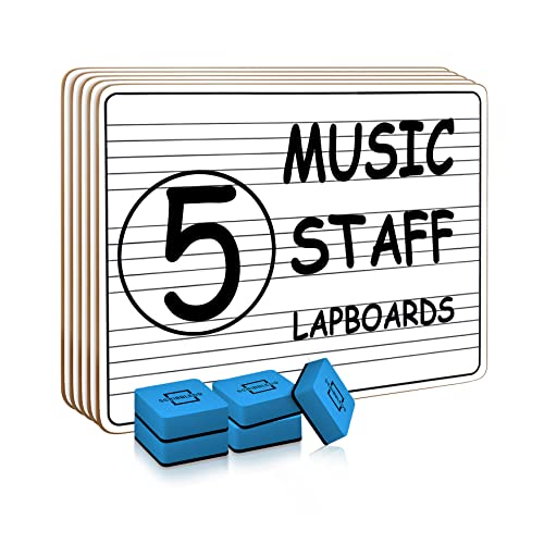Scribbledo 5 Pack Dry Erase Music Staff White Boards 9" X 12 Inch Lapboard Double Sided Musical Notes whiteboard for Kids Students, Musicians and Home (5 Erasers Included)