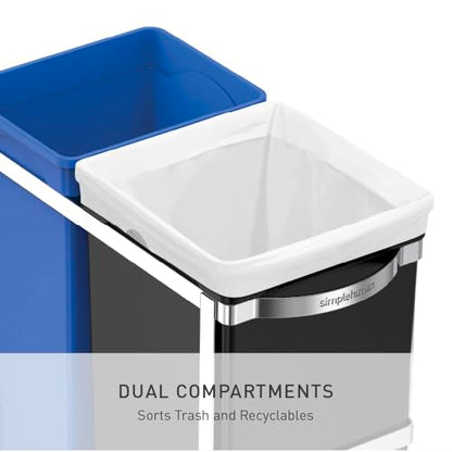 simplehuman 35 Liter / 9.3 Gallon Dual Compartment Under Counter Kitchen Cabinet Pull-Out Recycling Bin and Trash Can, Chrome - size: 35L Dual