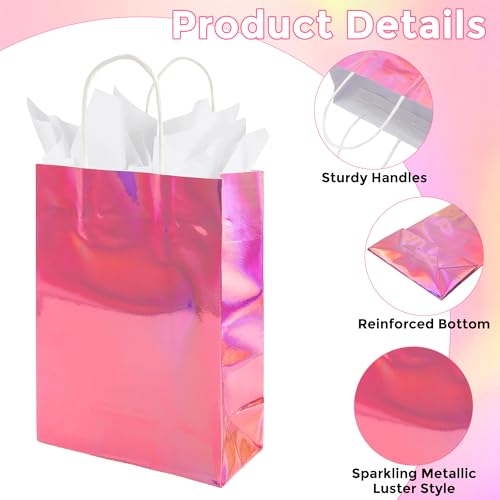 BLEWINDZ 32Pcs Small Paper Gift Bags with Tissues, Iridescent Party Favor Bags with Handles, Holographic Pink Gift Bag for Wedding Baby Shower Birthday Party Supplies - color: 11-Iridescent Pink-S