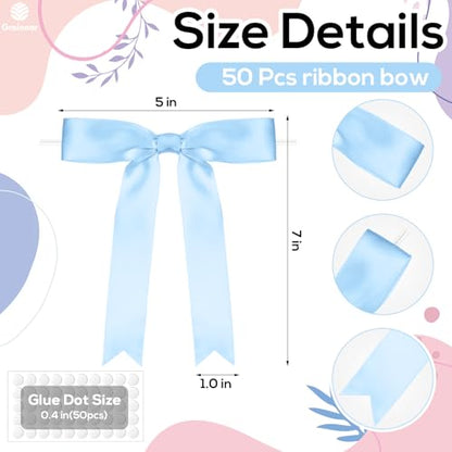 50 Pcs Light Blue Bows, 5" x 7" (1" Wide), with Twist Ties & Adhesive Dots - color: Light Blue, size: 5 x 7 Inch (1" Wide)