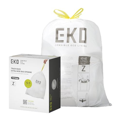EKO 12.5 Gallon / 40-60 Liter, 110 Count Drawstring Trash Bags, Extra-Strong Garbage Bags, Unscented, Leak-Resistant, Easy-Dispense Roll for Kitchen & Household Use, Code Z, White - size: 110 Count (Pack of 1), style: 12.5 Gallon Bags/Code Z