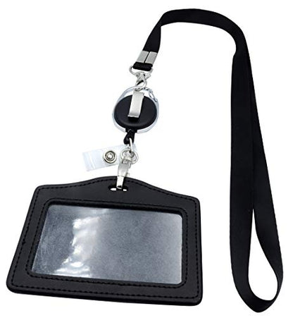 ID Card Case + Lanyard + Badge Holder Retractable Reel Carabiner and Plastic Clip (Genuine Leather Horizontal Black) - color: Horizontal Black