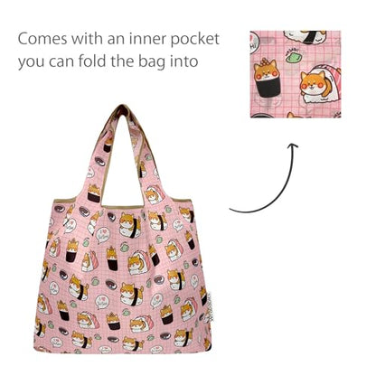 allydrew Medium Foldable Tote Nylon Reusable Grocery Bag (Set of 2) - color: Doggy Sushi